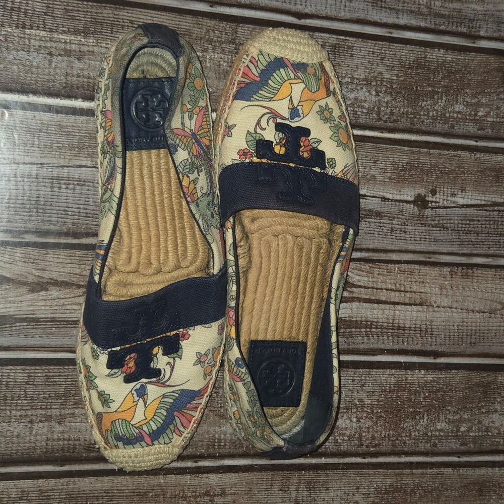 Sz 7.5 Womens Tory Burch Weston Espadrille Blue Bird Floral Print Canvas Shoes - Picture 6 of 7